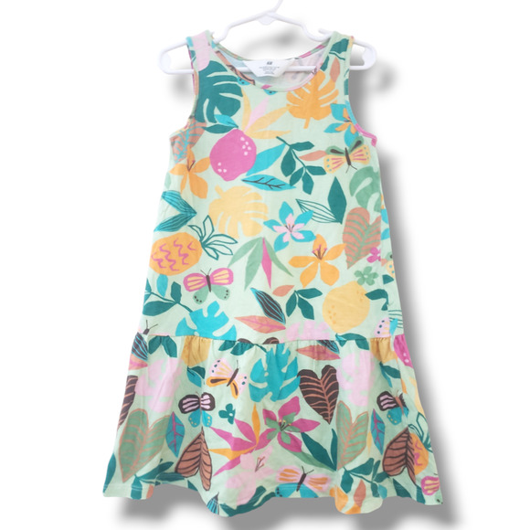 H&M Girls 6X-7 Drop Waist Green Tropical 100% Cotton Sundress - Picture 1 of 2
